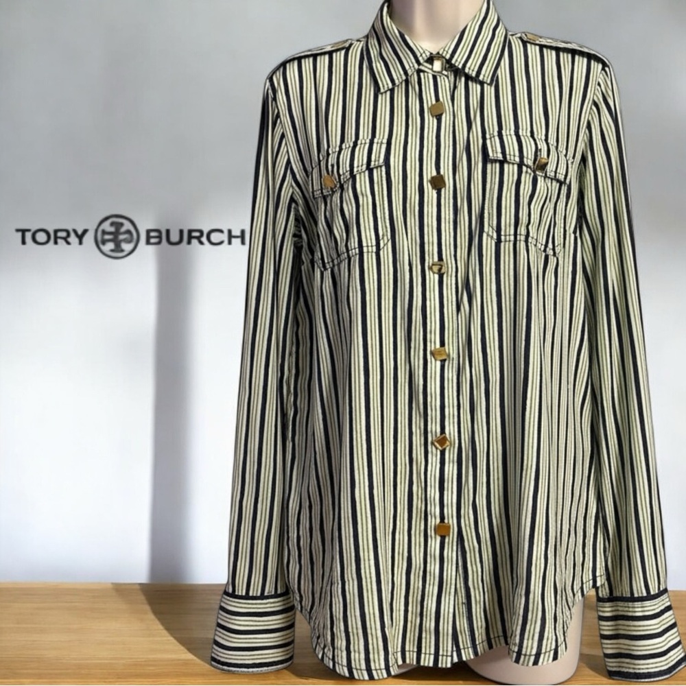 Tory Burch Black and Cream Striped Button Down Shirt